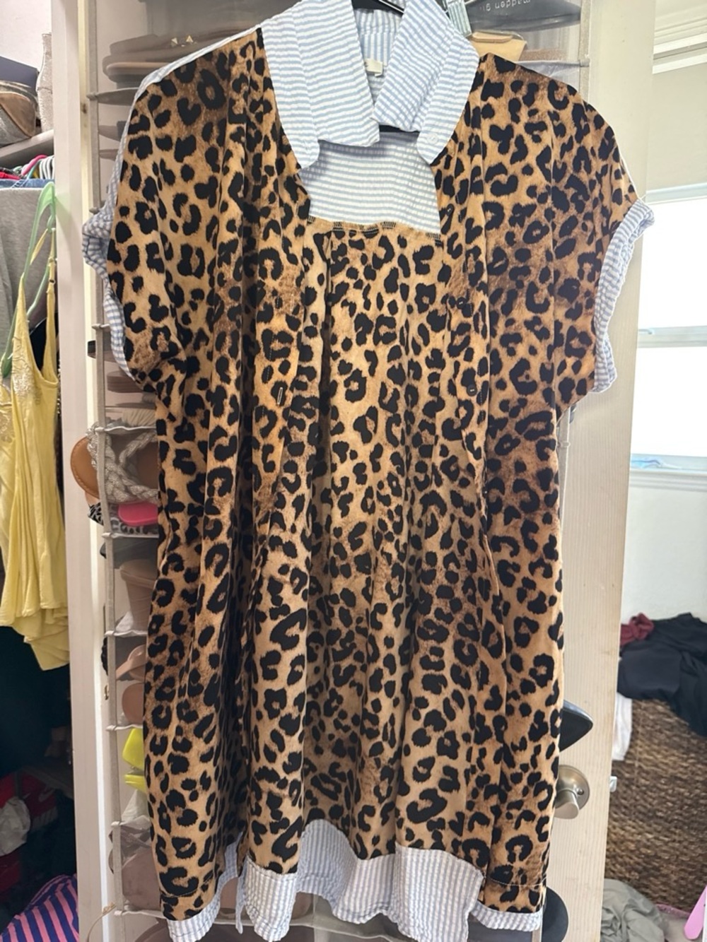 Leopard Print Short Sleeve Tunic Dress - Tan/Black